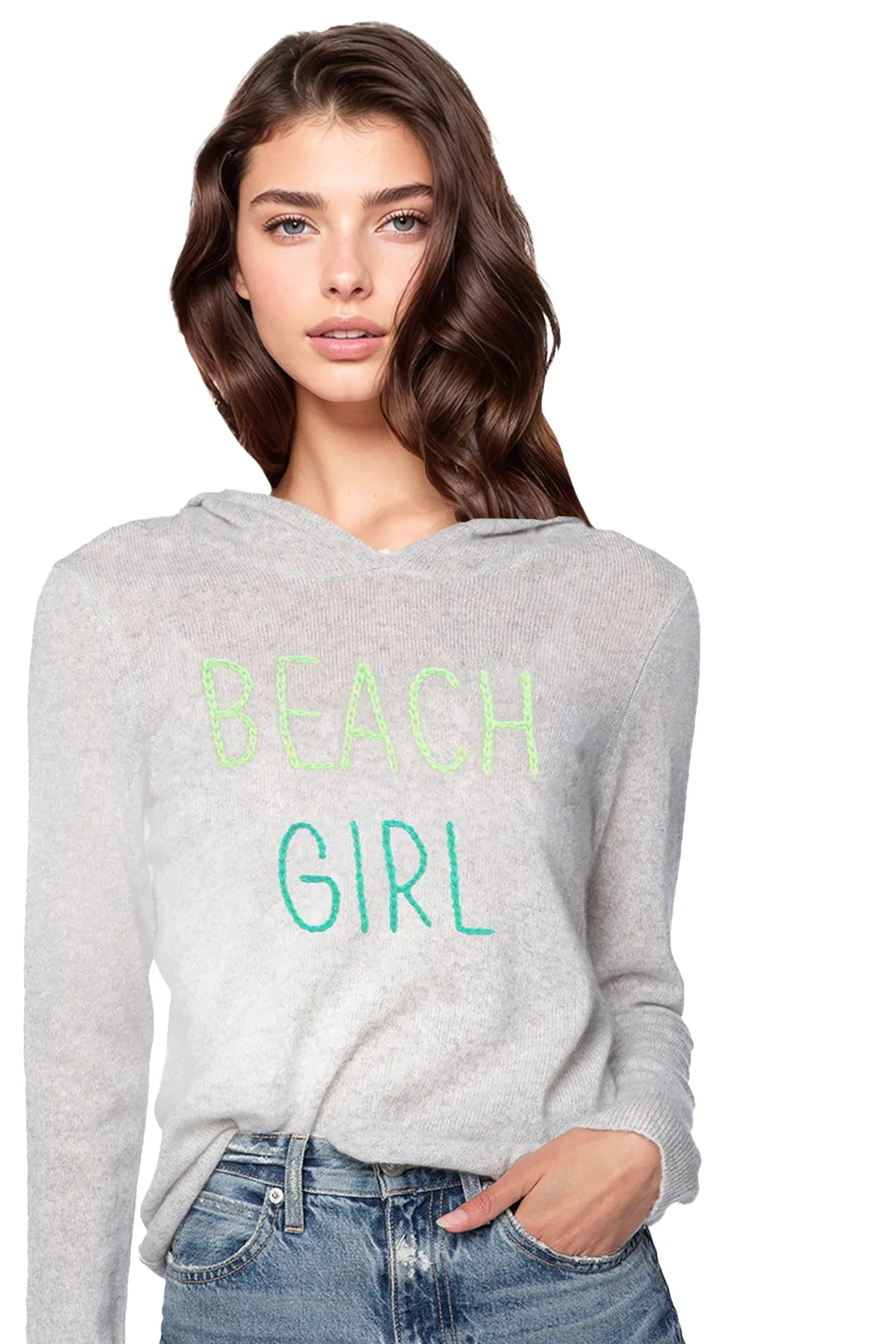 100% Cashmere Embroidery Cashmere Hoodie in Light Grey Heather with  Beach Girl Embroidery Stitched