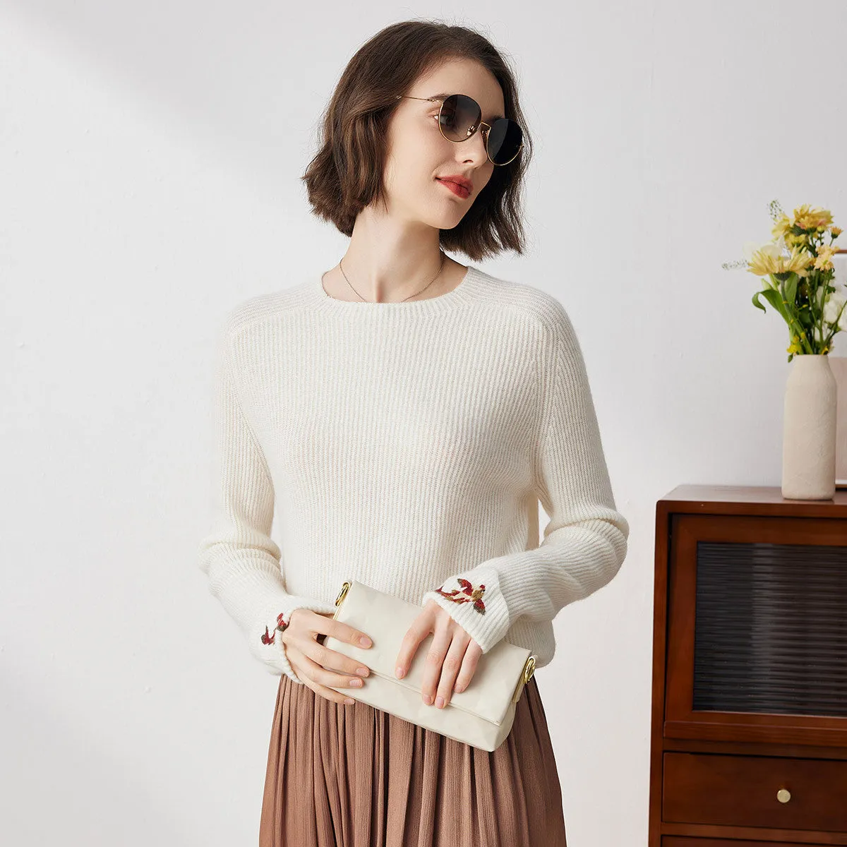 100% Cashmere Loose Round Neck Knit Sweater