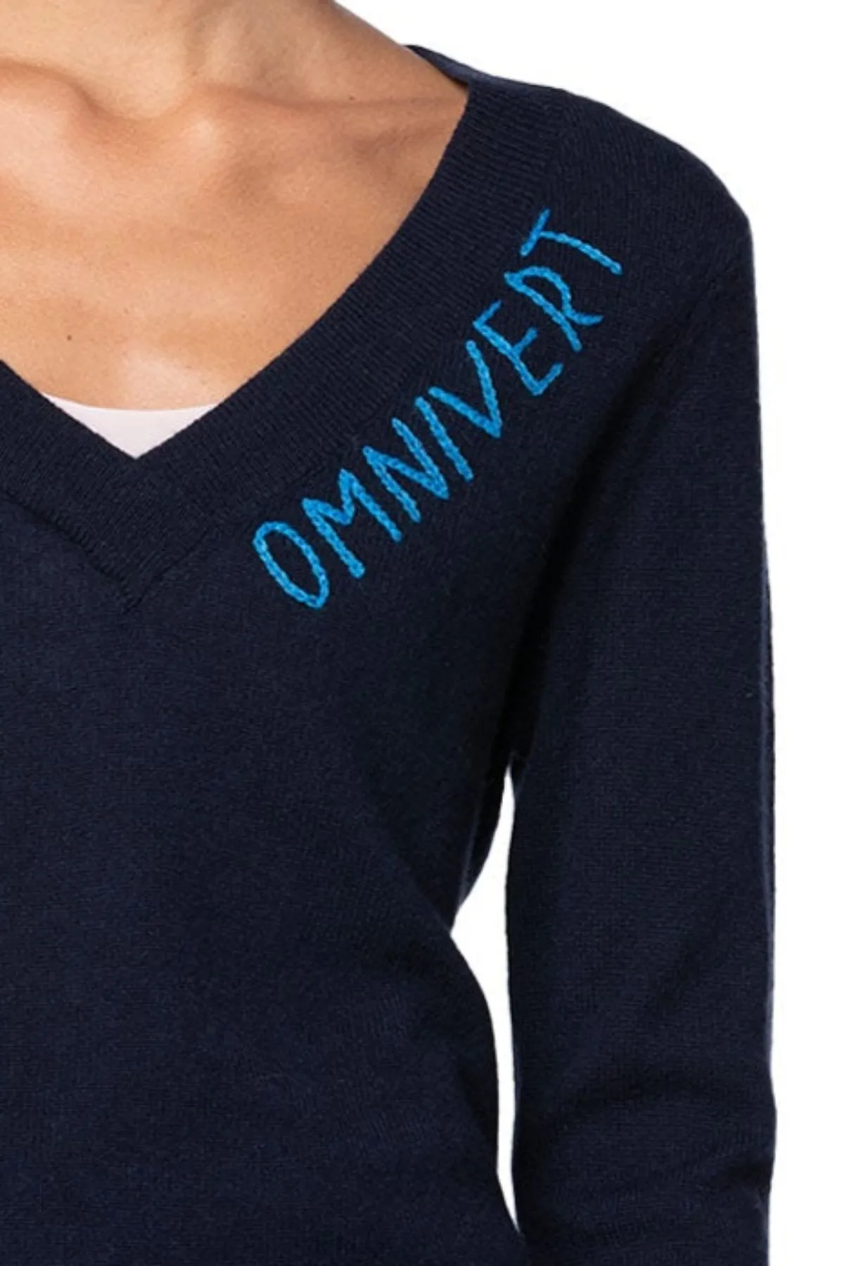 100% Cashmere V-Neck Sweater |  Extrovert, Introvert or Omnivert Embroidery