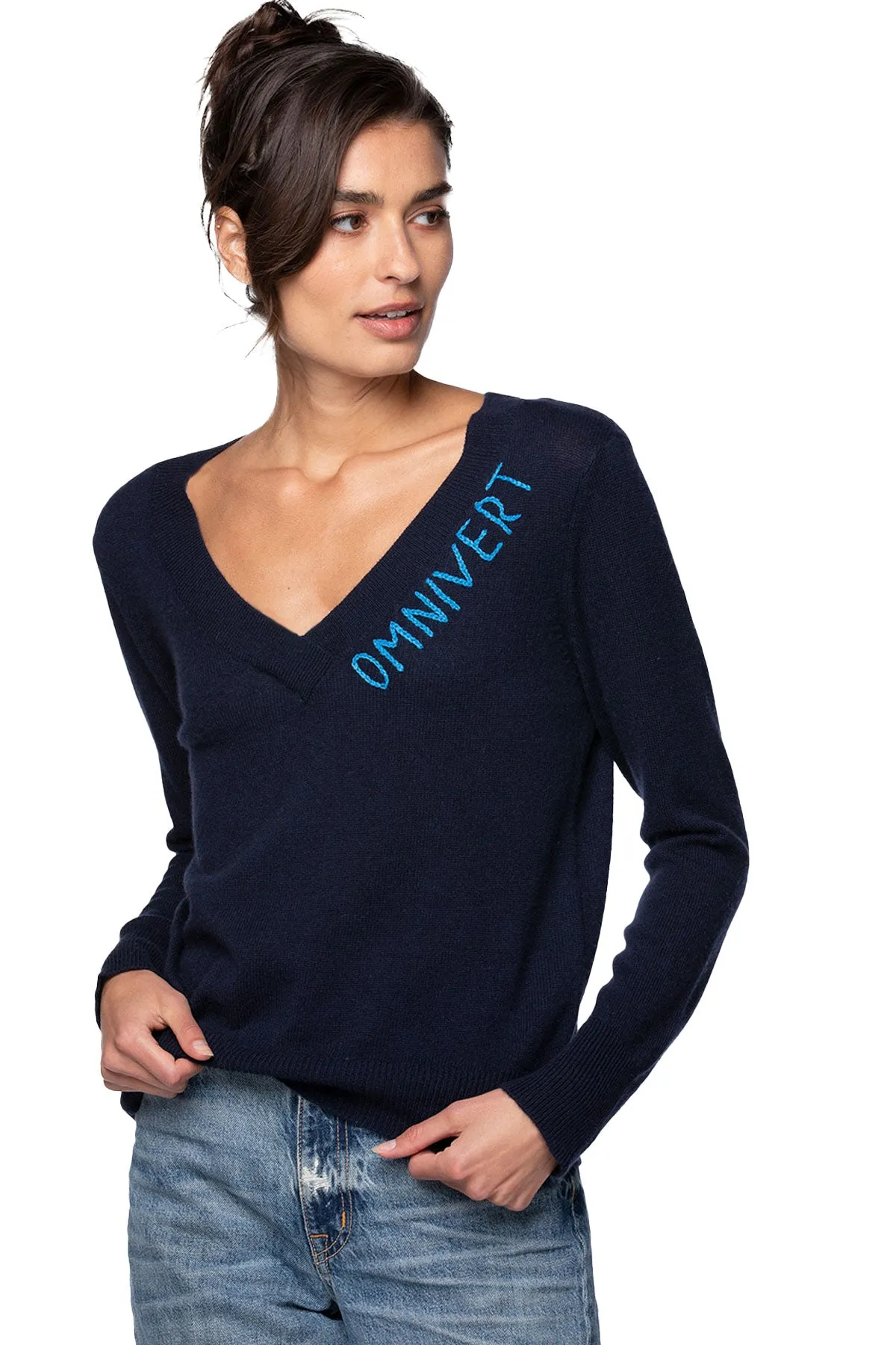 100% Cashmere V-Neck Sweater |  Extrovert, Introvert or Omnivert Embroidery