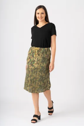 100% Silk long skirt with drawstring in Khaki Camo