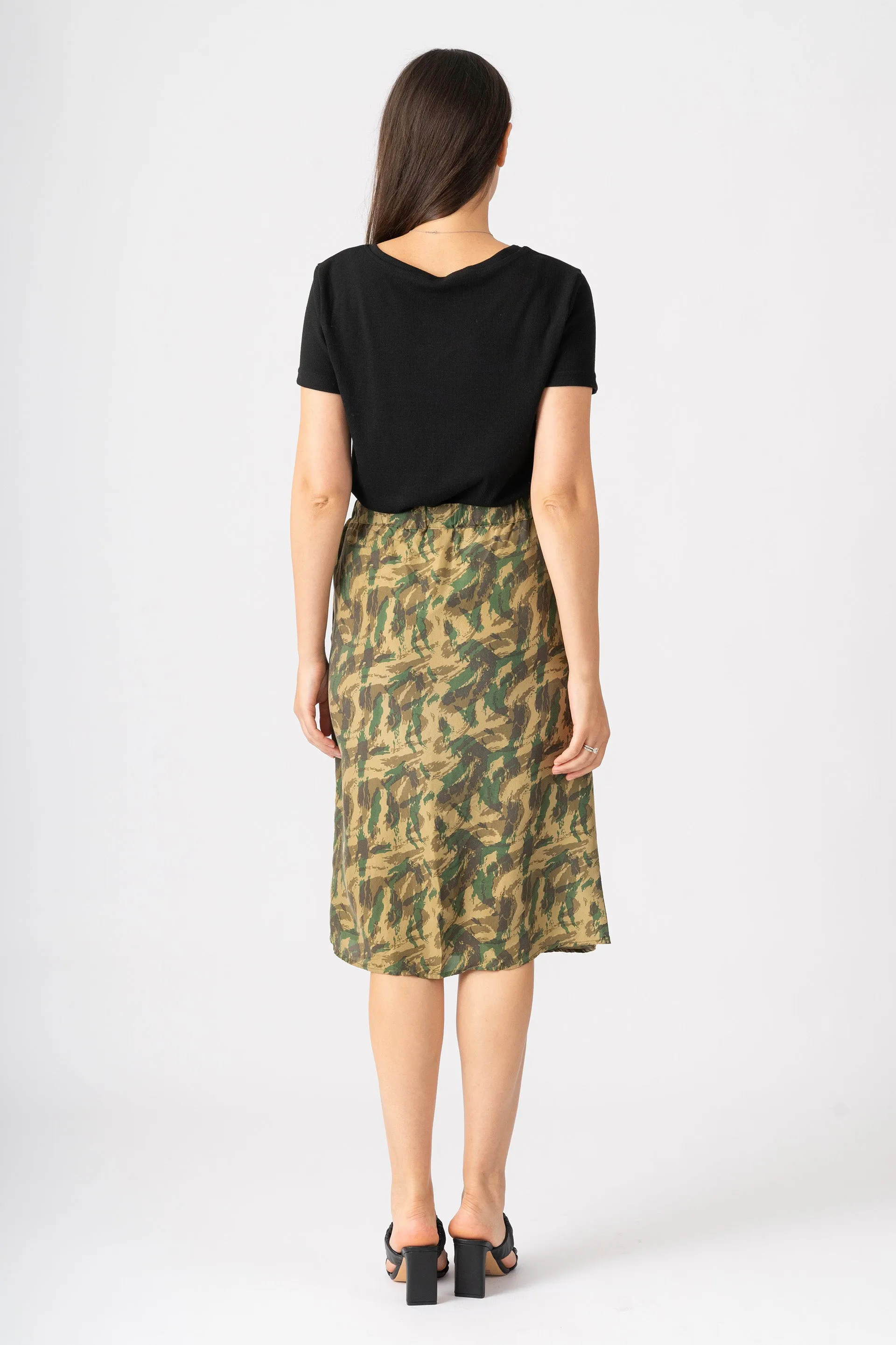 100% Silk long skirt with drawstring in Khaki Camo