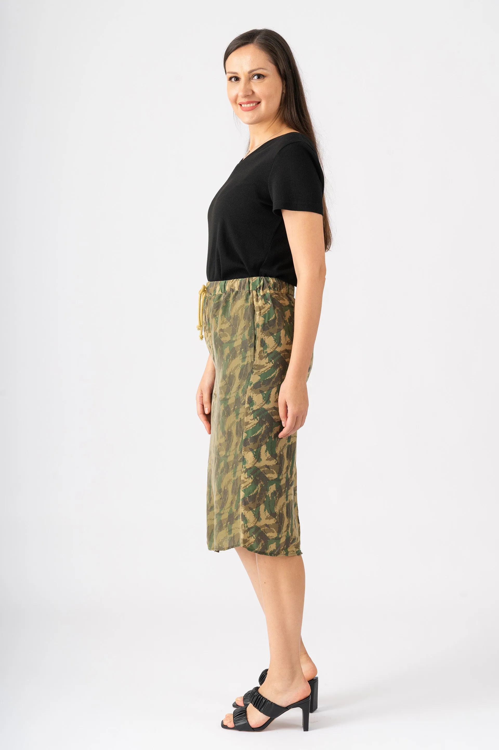 100% Silk long skirt with drawstring in Khaki Camo