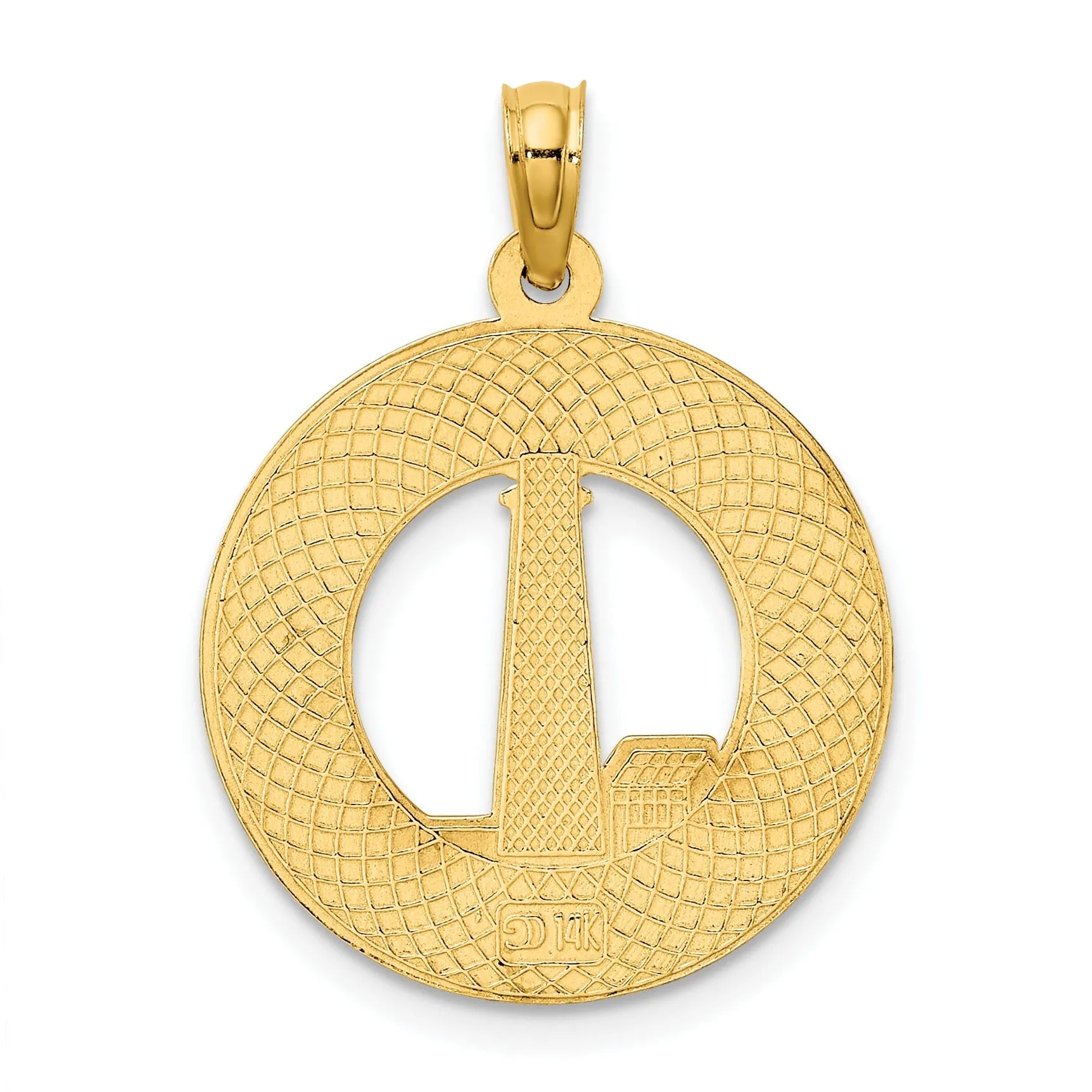 14K Yellow Gold Textured Polished Finish CAPE MAY Lighthouse in Circle Design Charm Pendant