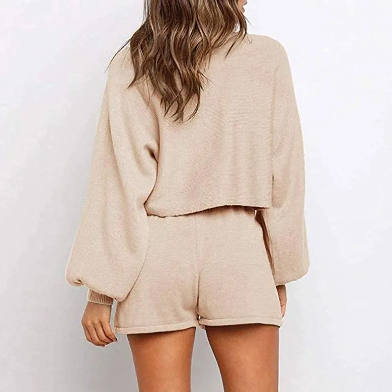 2-Piece: Knit Outfits Puff Sleeve Crop Top Shorts Set Sweater Sweatsuit