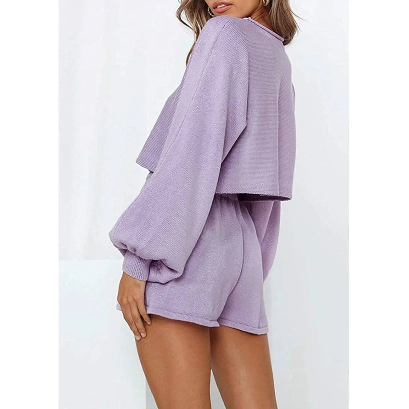 2-Piece: Knit Outfits Puff Sleeve Crop Top Shorts Set Sweater Sweatsuit