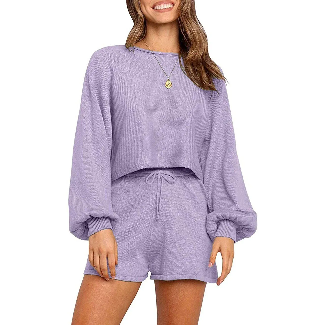 2-Piece: Knit Outfits Puff Sleeve Crop Top Shorts Set Sweater Sweatsuit