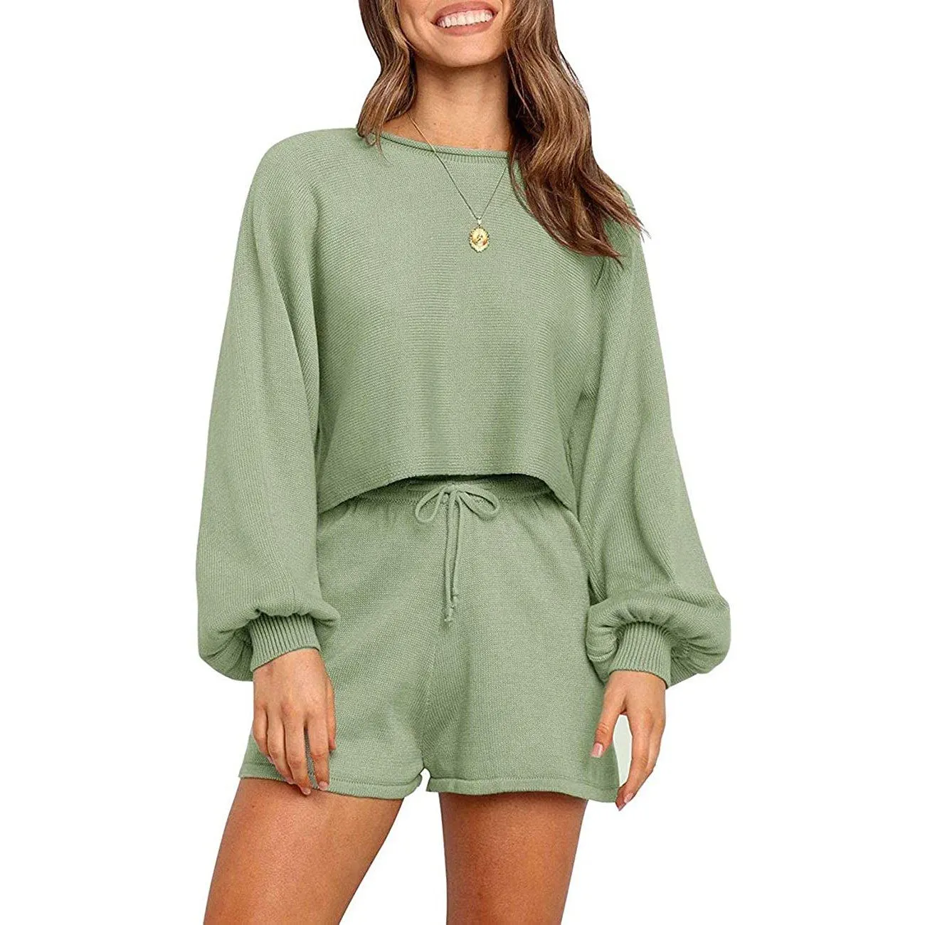 2-Piece: Knit Outfits Puff Sleeve Crop Top Shorts Set Sweater Sweatsuit