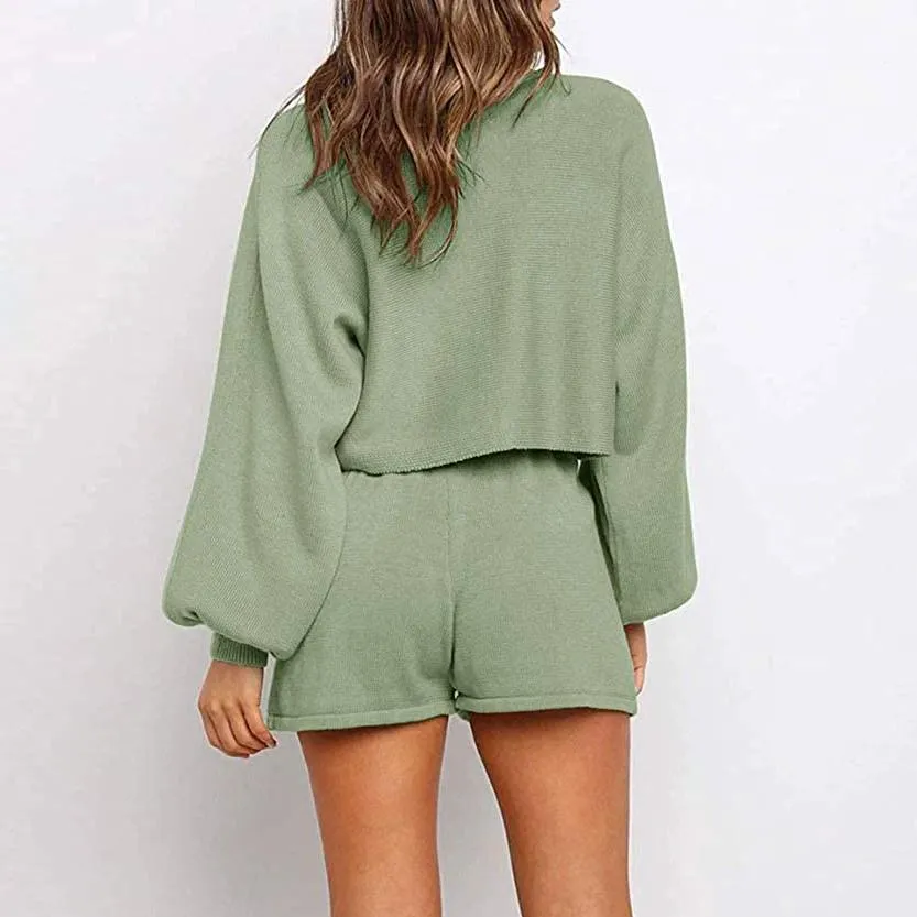 2-Piece: Knit Outfits Puff Sleeve Crop Top Shorts Set Sweater Sweatsuit