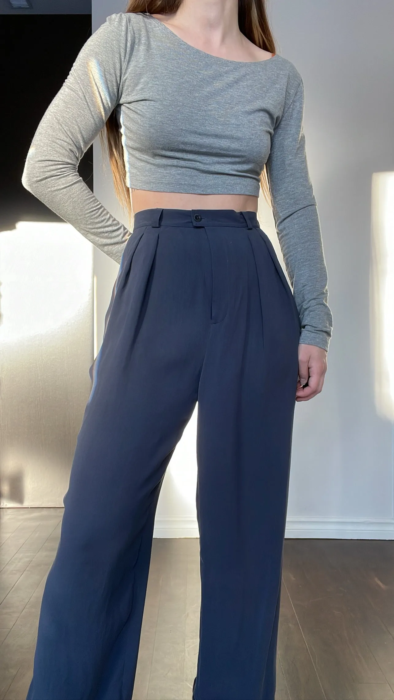 90s Perfect Slate Blue 100% Silk Trousers - 28