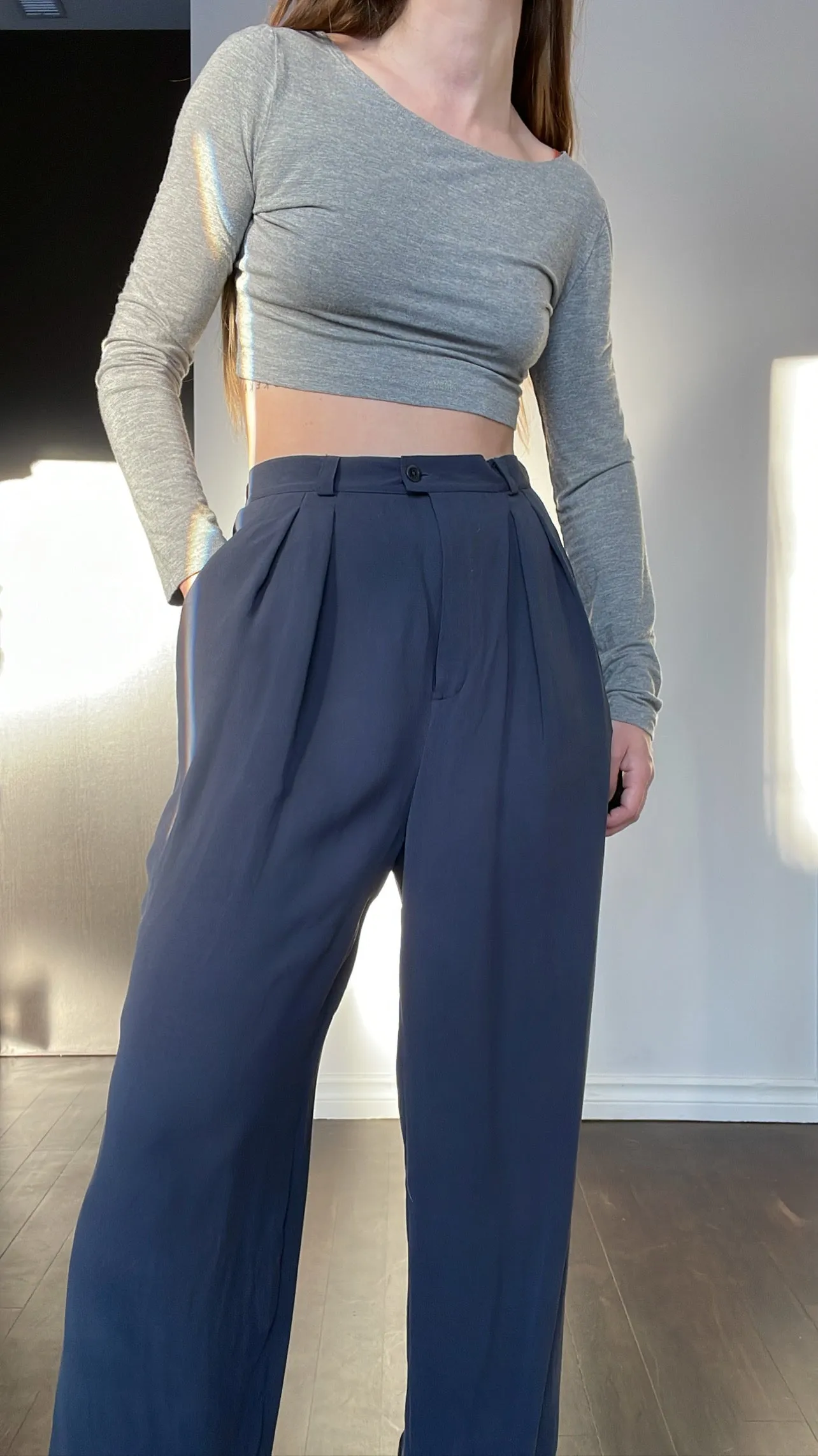 90s Perfect Slate Blue 100% Silk Trousers - 28