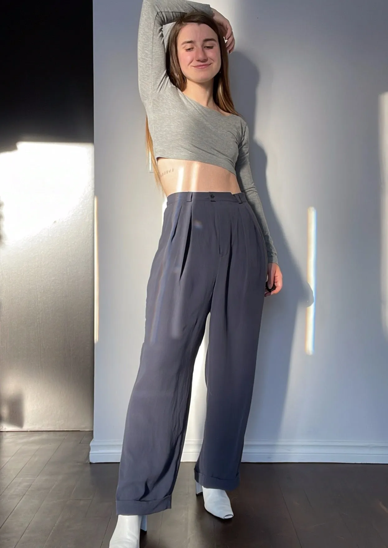 90s Perfect Slate Blue 100% Silk Trousers - 28