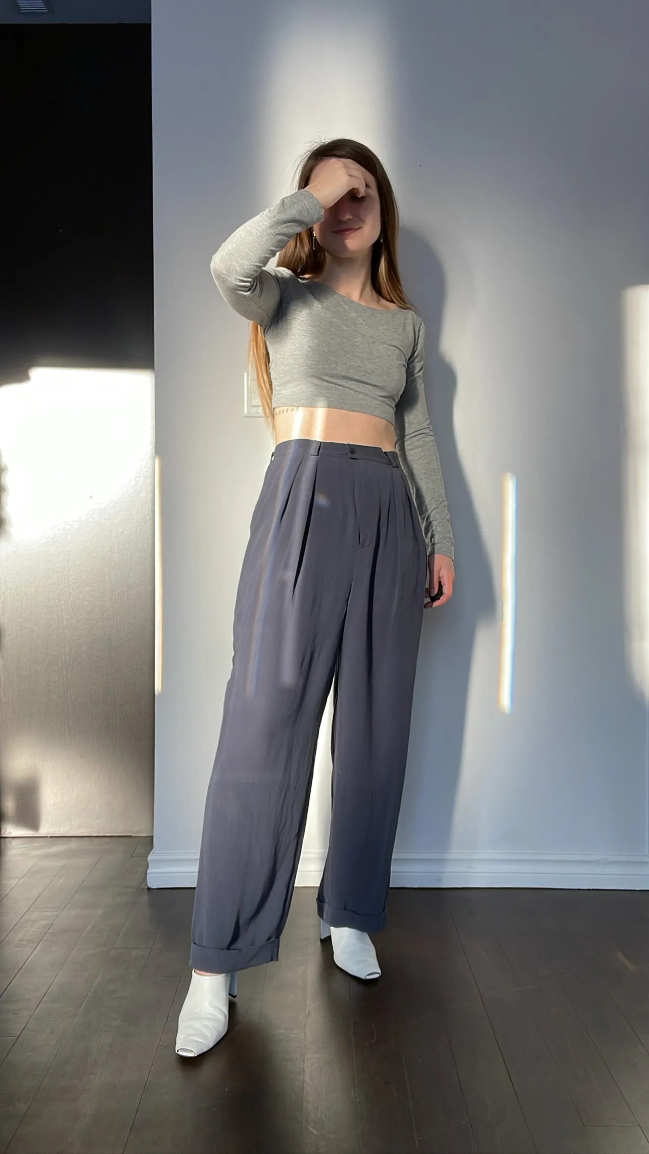 90s Perfect Slate Blue 100% Silk Trousers - 28