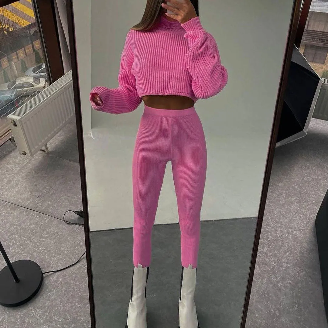 Active Rib Knit Turtleneck Crop Sweater Skinny Pants Matching Set - Pink