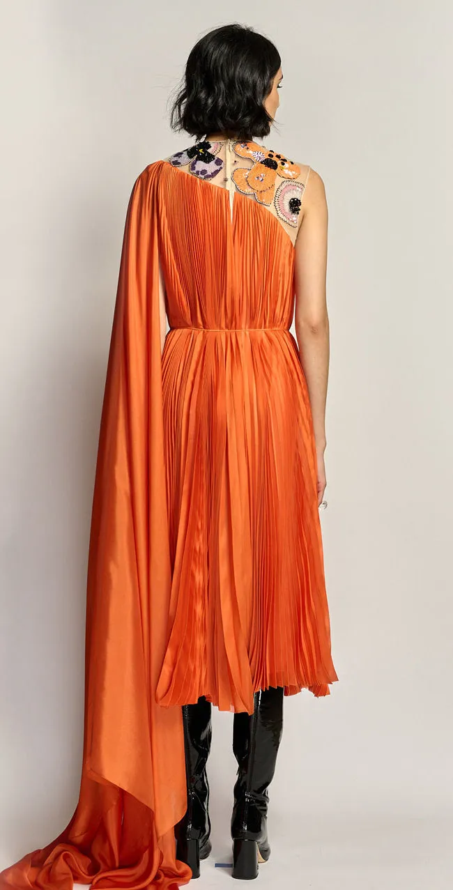 Amaryllis Embroidered Silk Chiffon Pleated Cocktail Dress with Cape Detail and Self Belt