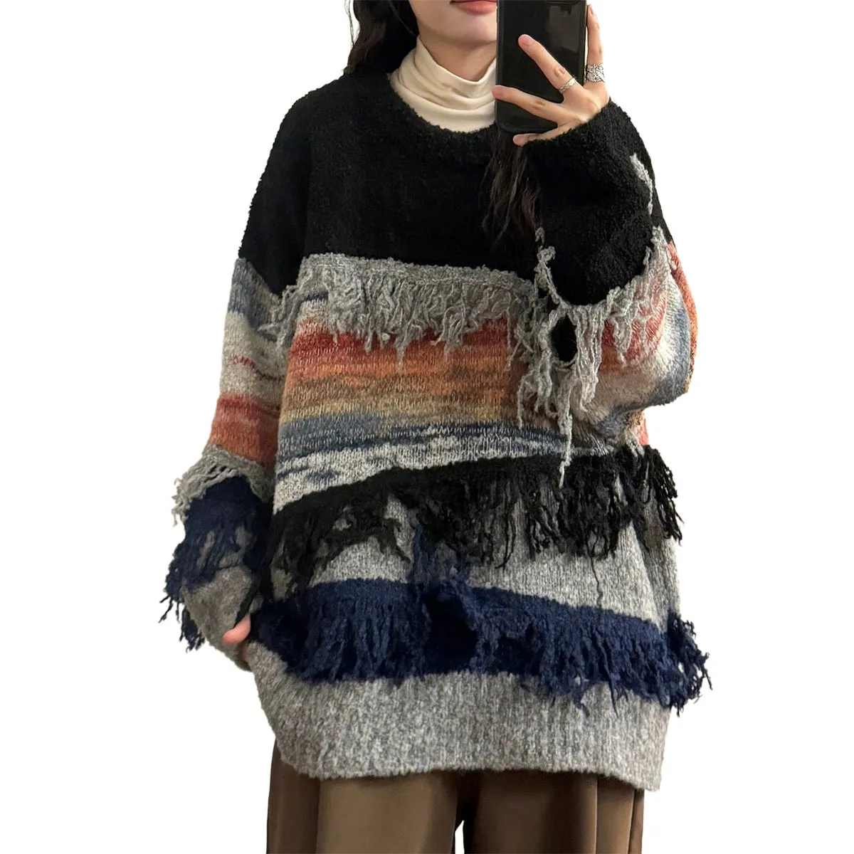 American Retro Layering Gradient Contrasting Tassel Round Neck Knitted Sweater Women's Trend