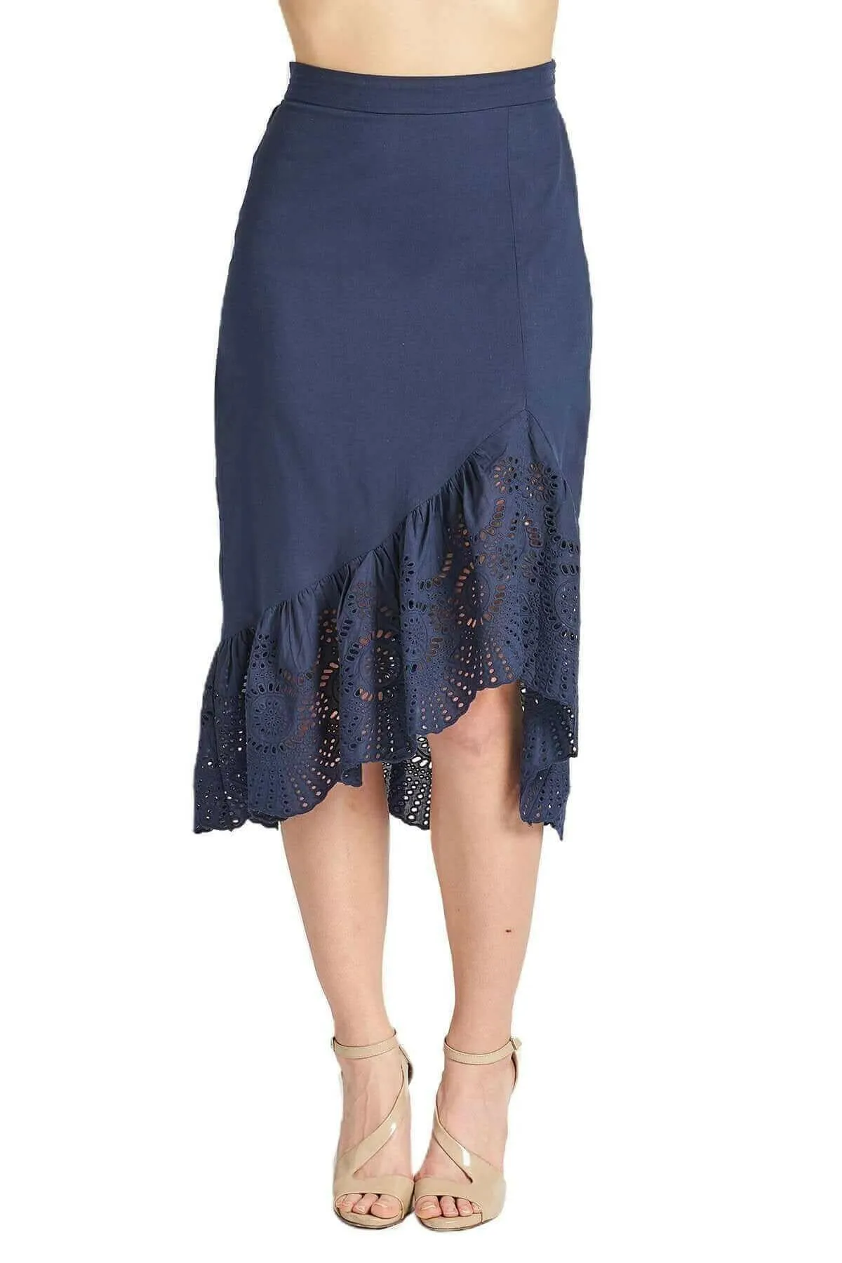 Aster Skirt - Cotton eyelet asymmetric hi-lo skirt (navy)