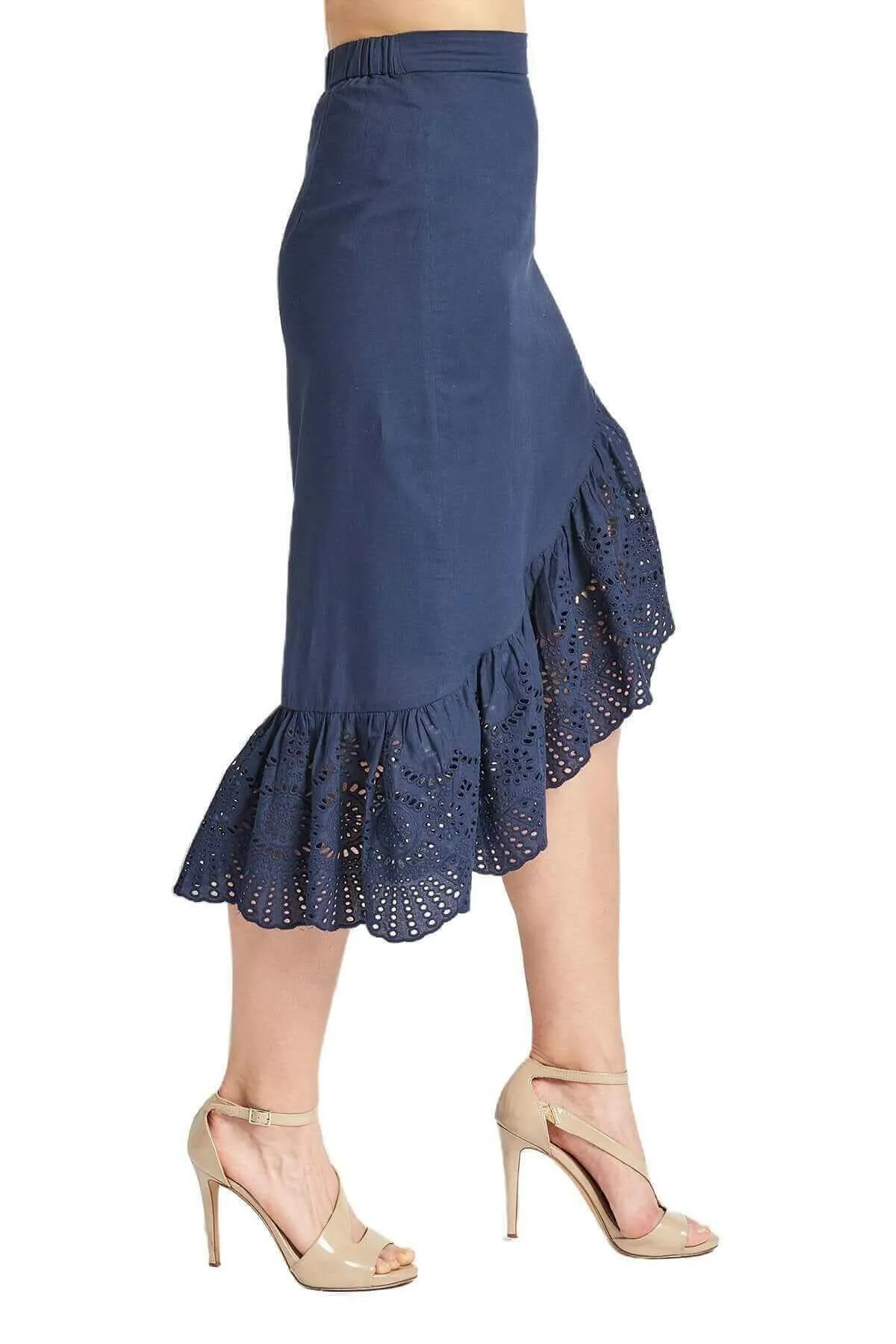 Aster Skirt - Cotton eyelet asymmetric hi-lo skirt (navy)