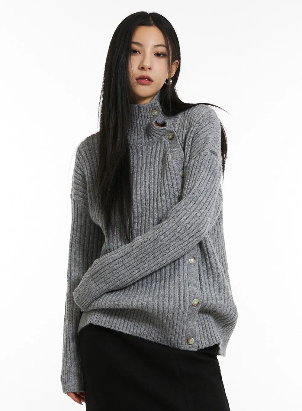 Asymmetric Button Knit Sweater IN308