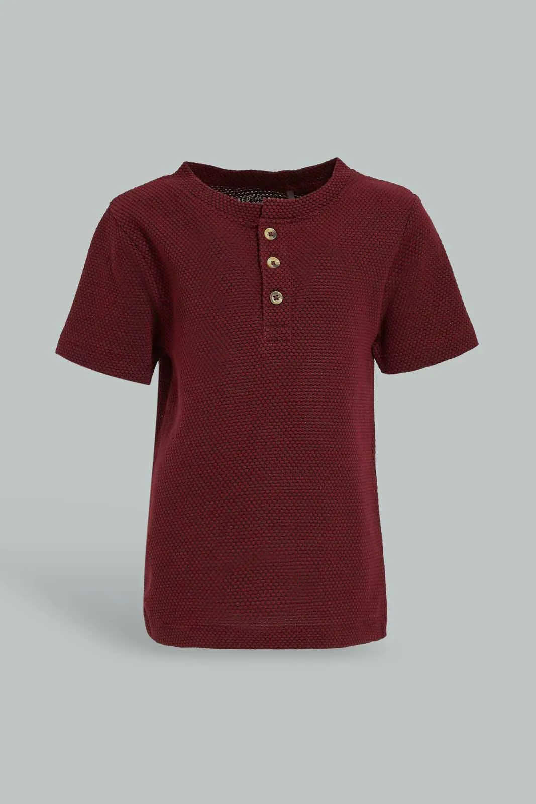 Baby Boys Maroon Jacquard Henley T-Shirt