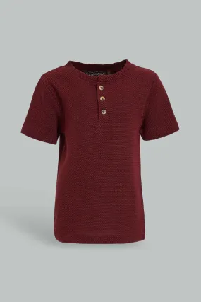 Baby Boys Maroon Jacquard Henley T-Shirt