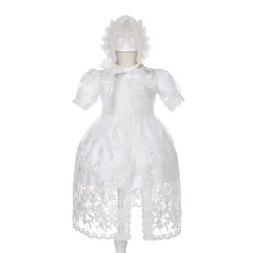 Baby Girls Christening Dress Newborn Lace Flower Embroidered Christening Gown Cape Bonnet and Headwear