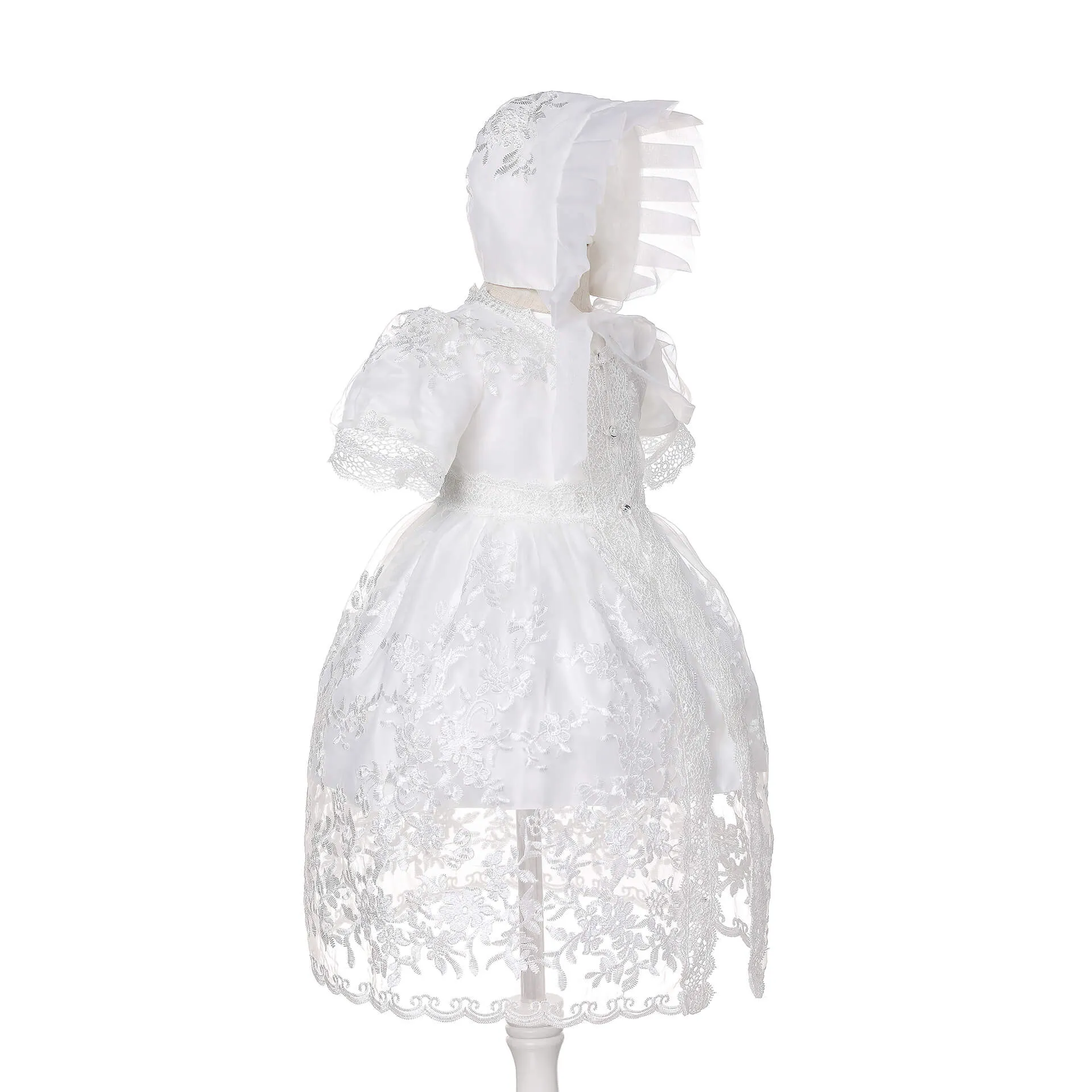 Baby Girls Christening Dress Newborn Lace Flower Embroidered Christening Gown Cape Bonnet and Headwear