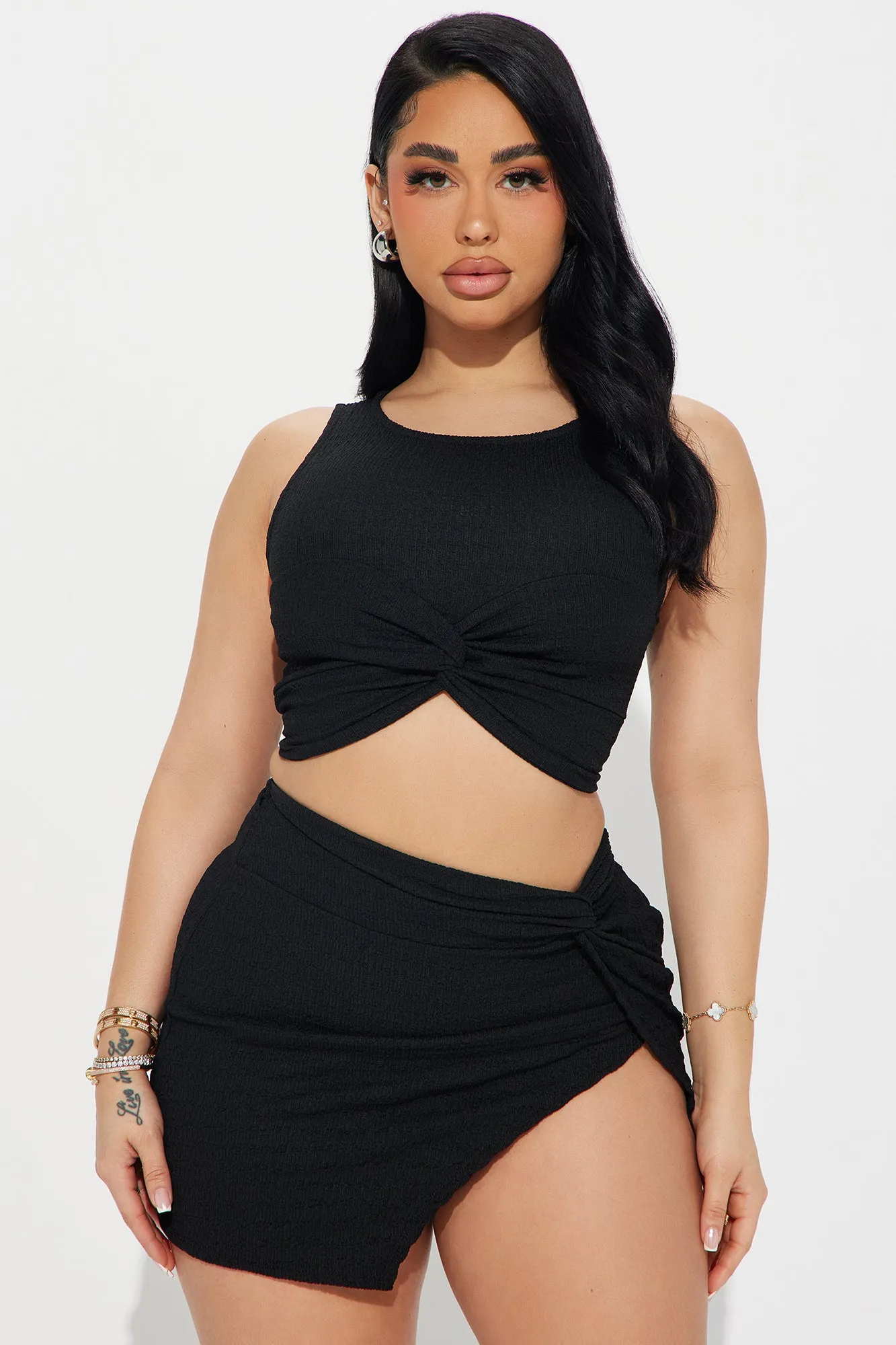 Beach Cocktail Textured Skirt Set - Black