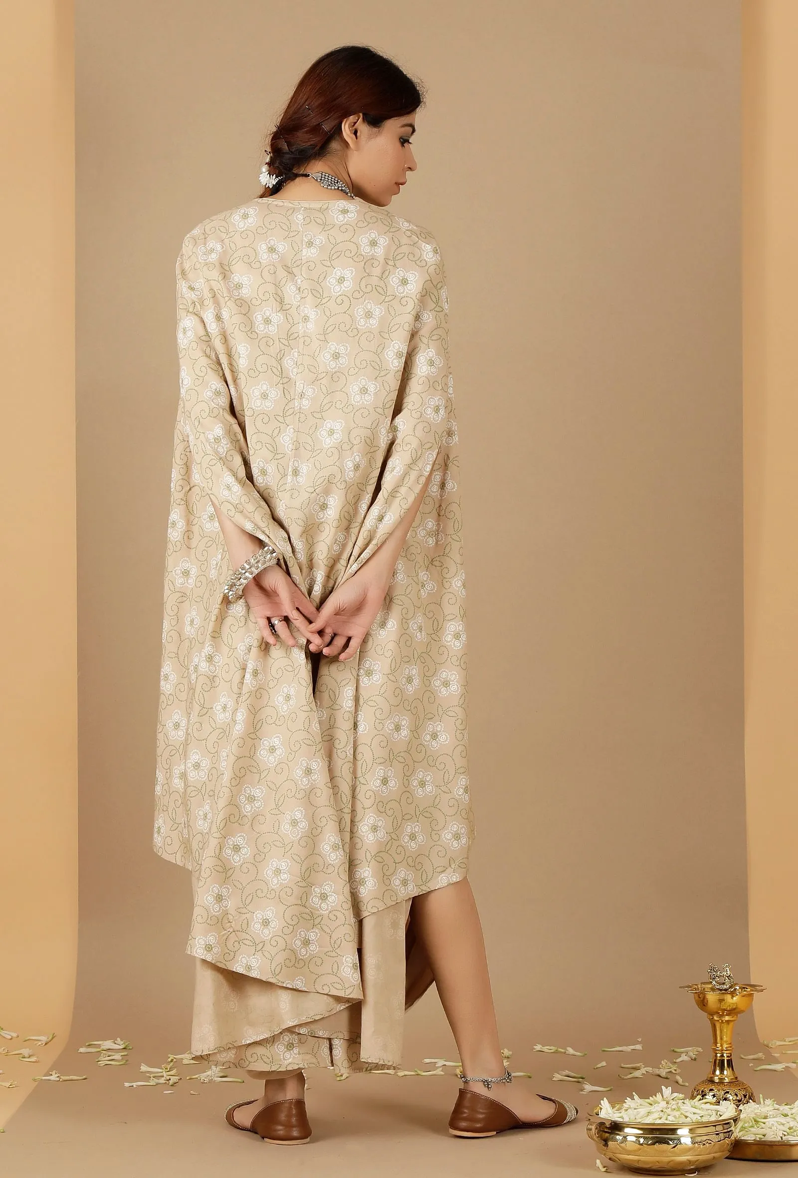 Beige Bandhani Asymmetrical Cape