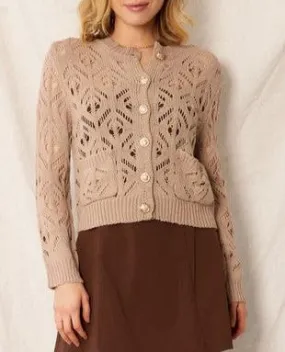 Besiana Gold Button Front Sweater Knit Cardigan in Taupe