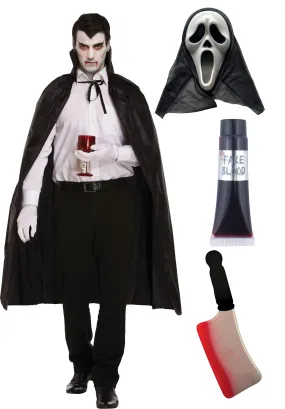 Black Dracula Cape with Collar Scream Ghost Killer Mask Fake Blood Tube Blooded Cleaver Prop Halloween Scary Dracula Costume