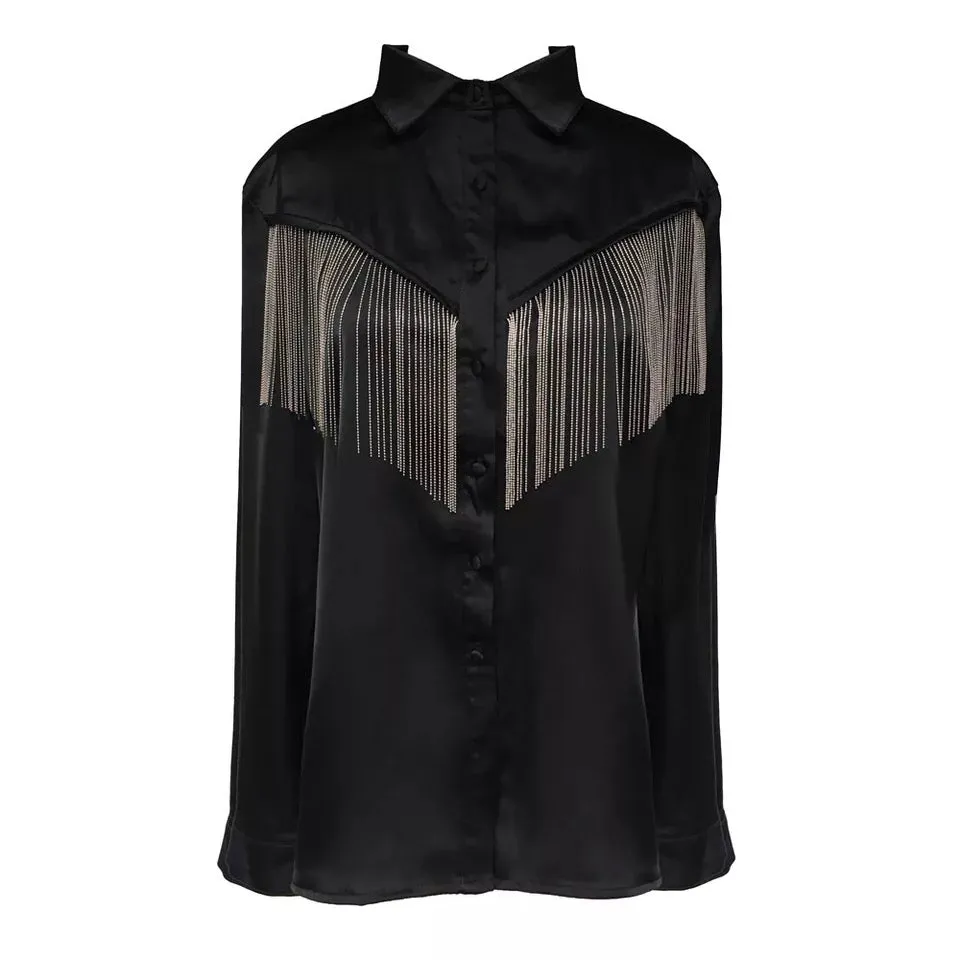 Black Satin Fringe Shirt