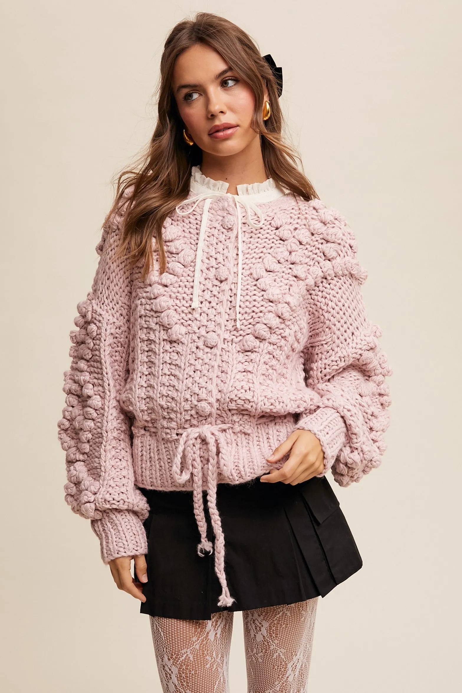 Blush Hand Crochet Tufted Dot Cable Knit Cardigan