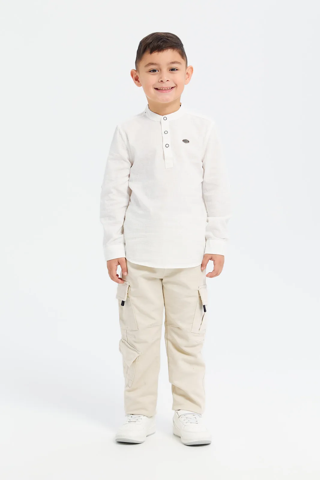 Boys Beige Cargo Pocket Knitted Denim Joggers