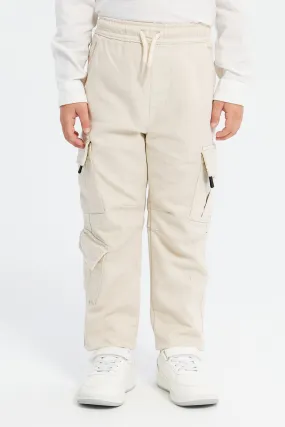 Boys Beige Cargo Pocket Knitted Denim Joggers