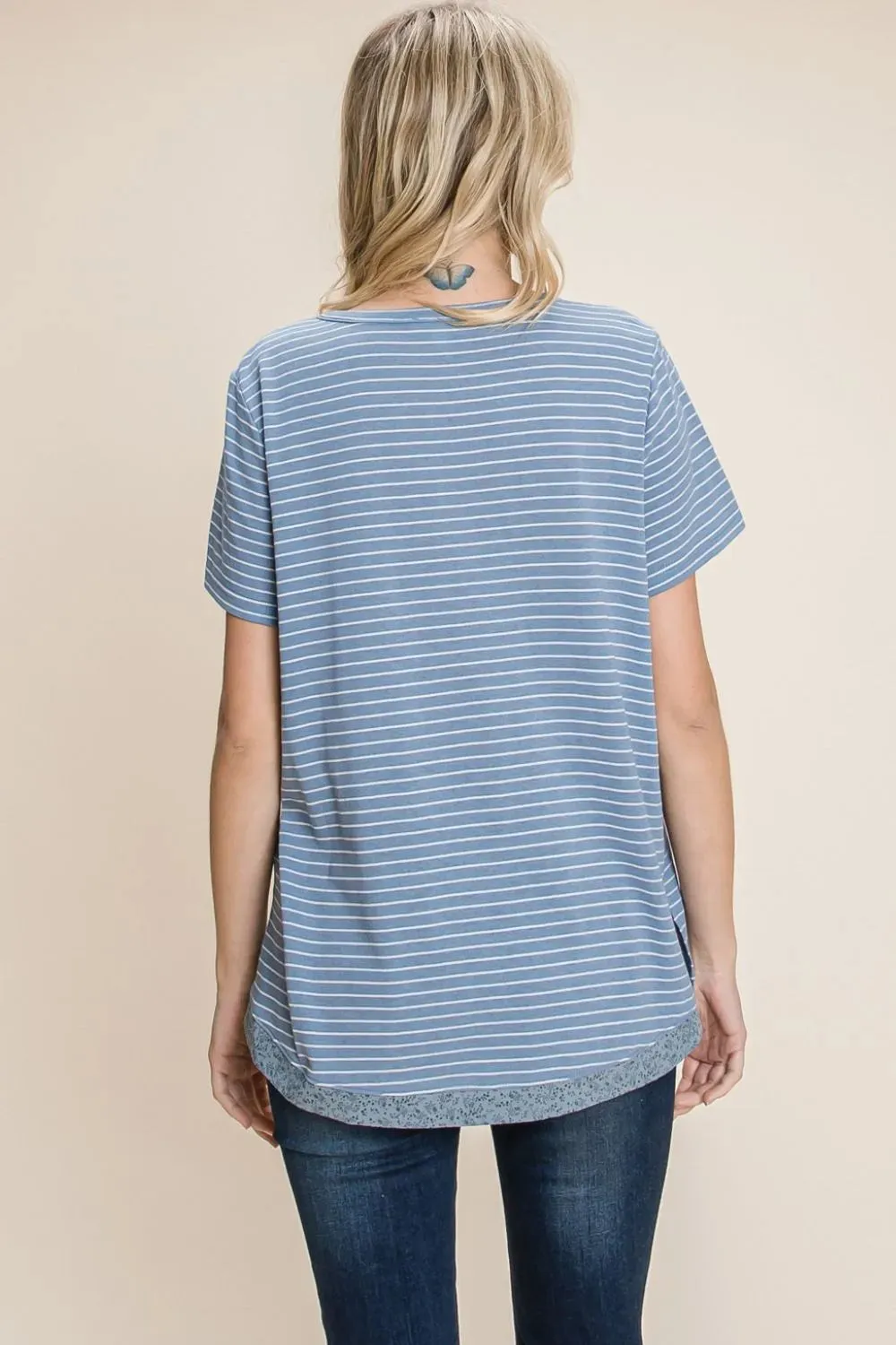 by Nu Lab Slit Striped Notched Short Sleeve T-Shirt