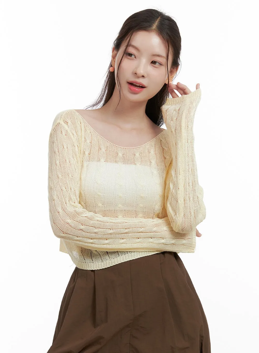 Cable Knit Sheer Crop Sweater OL417