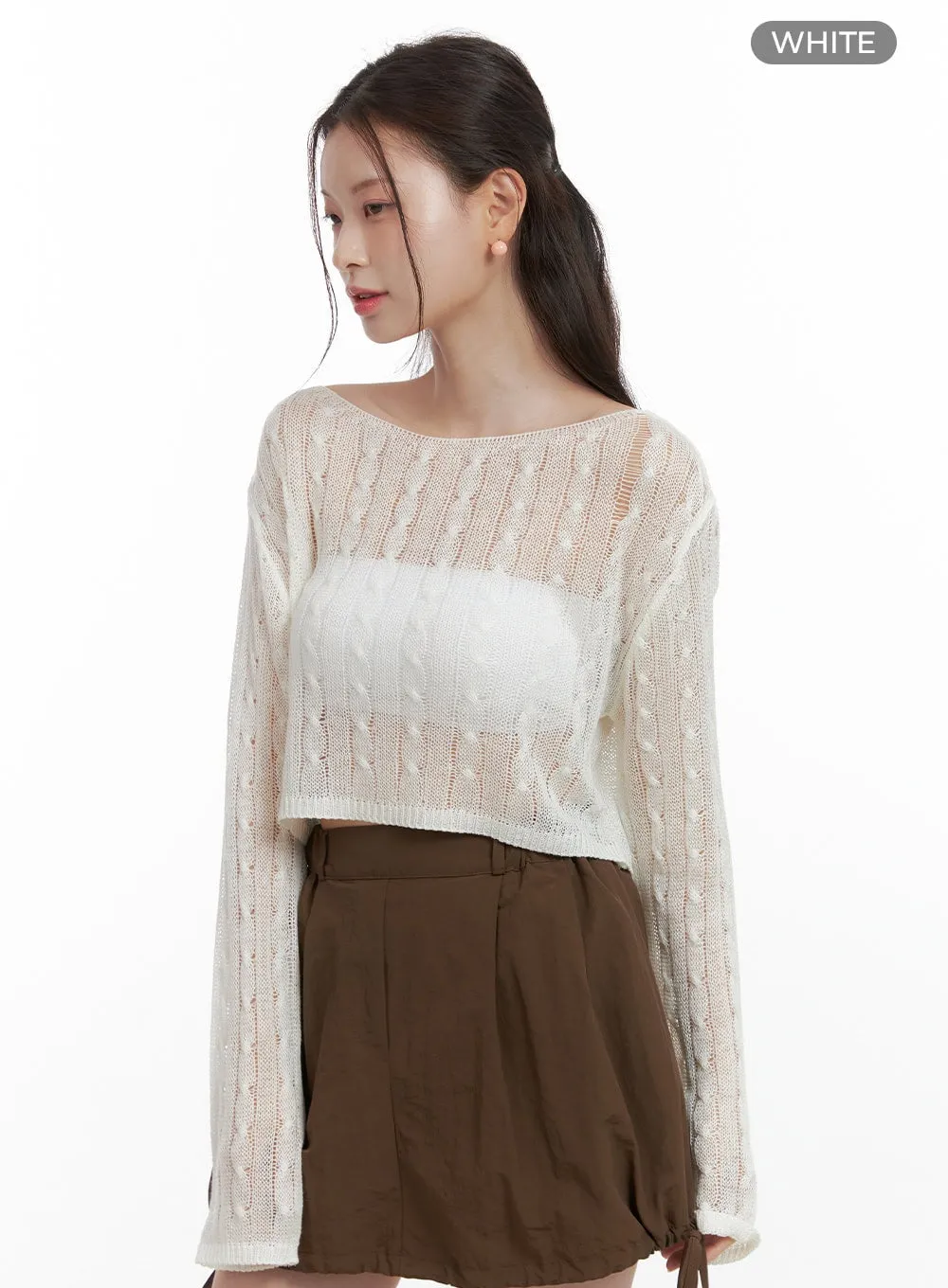 Cable Knit Sheer Crop Sweater OL417