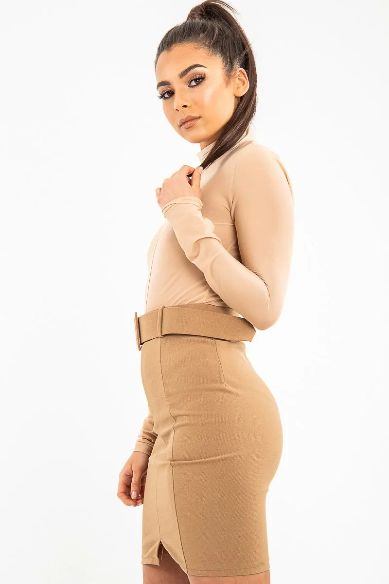 Camel Crepe Belted Bodycon Mini Skirt - Raven