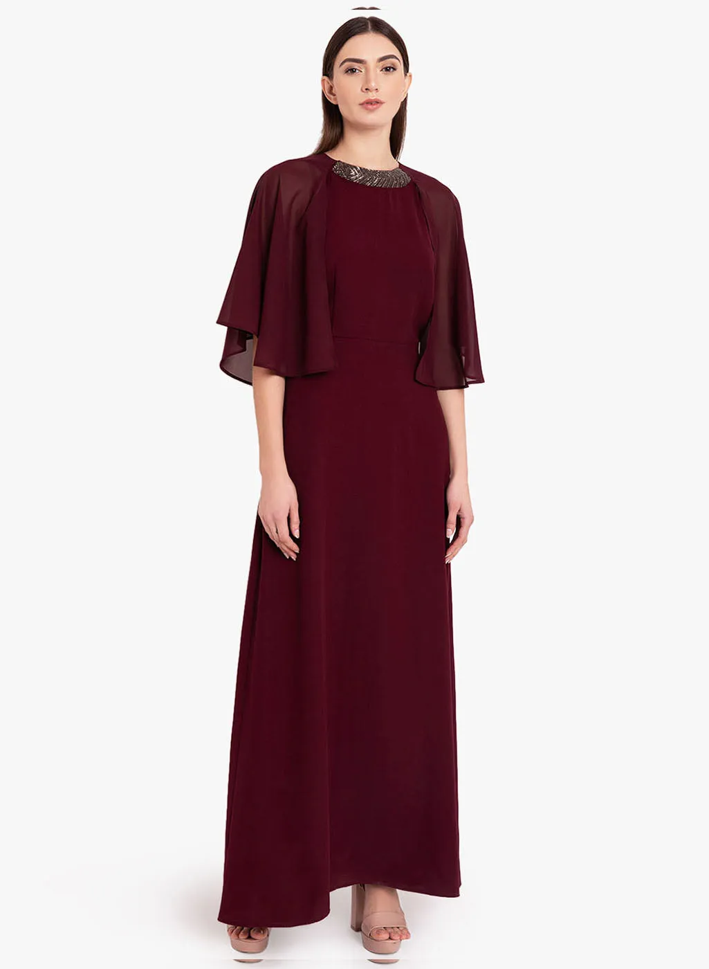 Cape Sleeve Embellished Maxi Dress