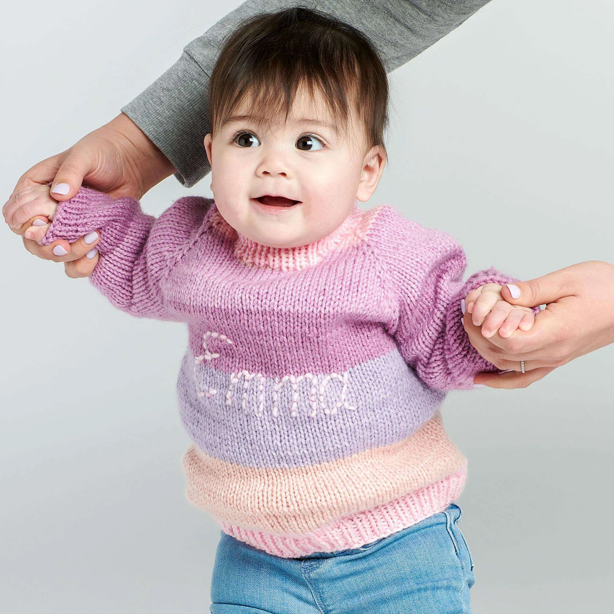 Caron Baby Cakes Top Down Knit Pullover With Embroidered Name