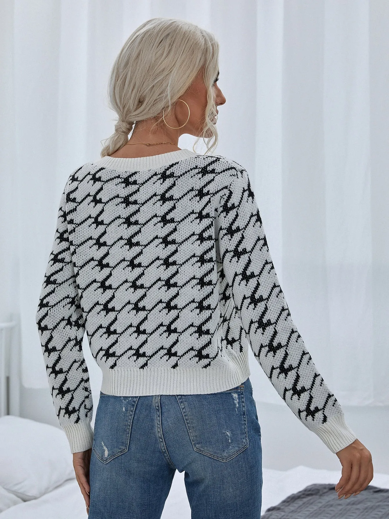 Casual Houndstooth Long Sleeve V Neck Crop Women Sweater