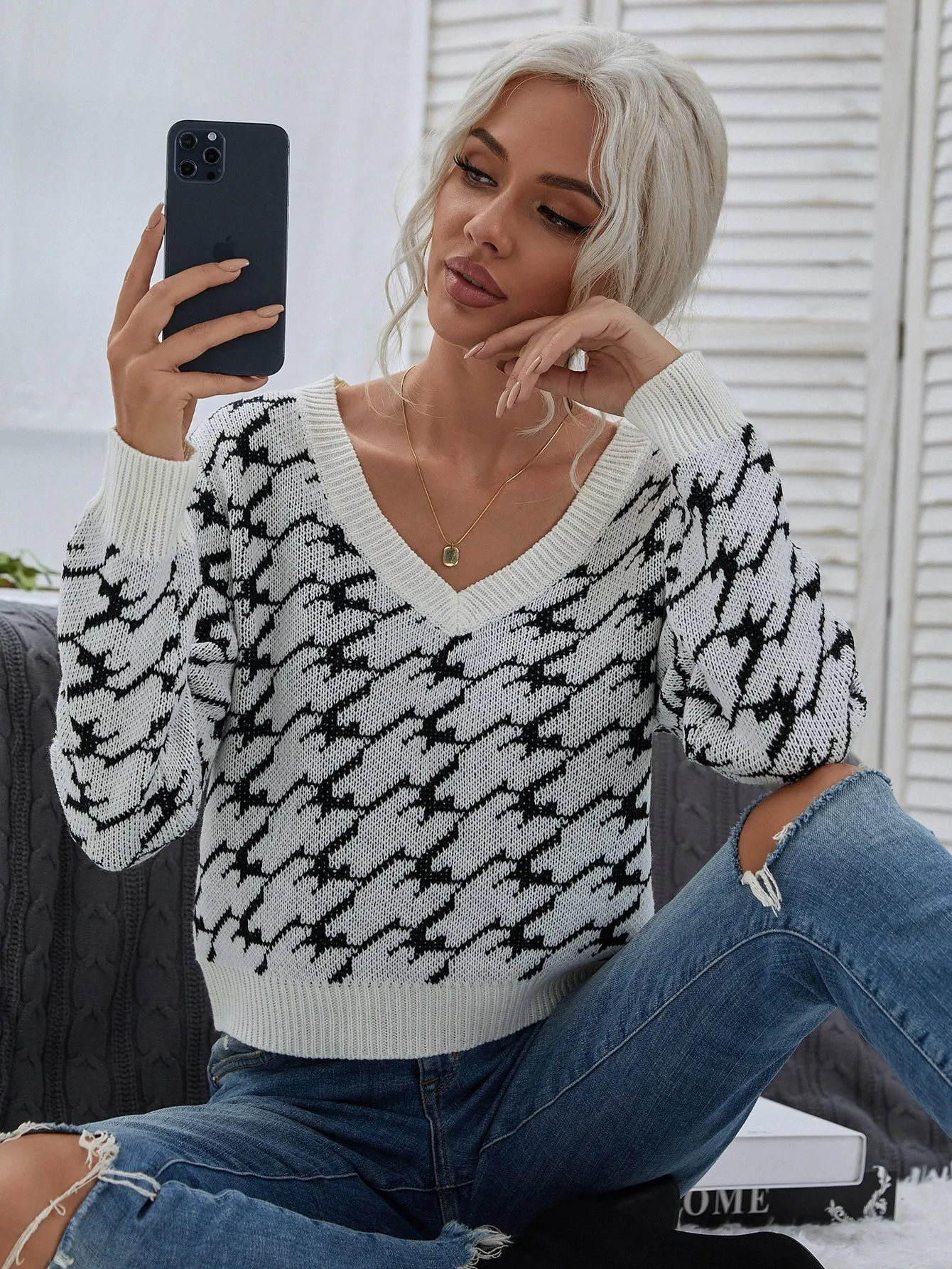 Casual Houndstooth Long Sleeve V Neck Crop Women Sweater