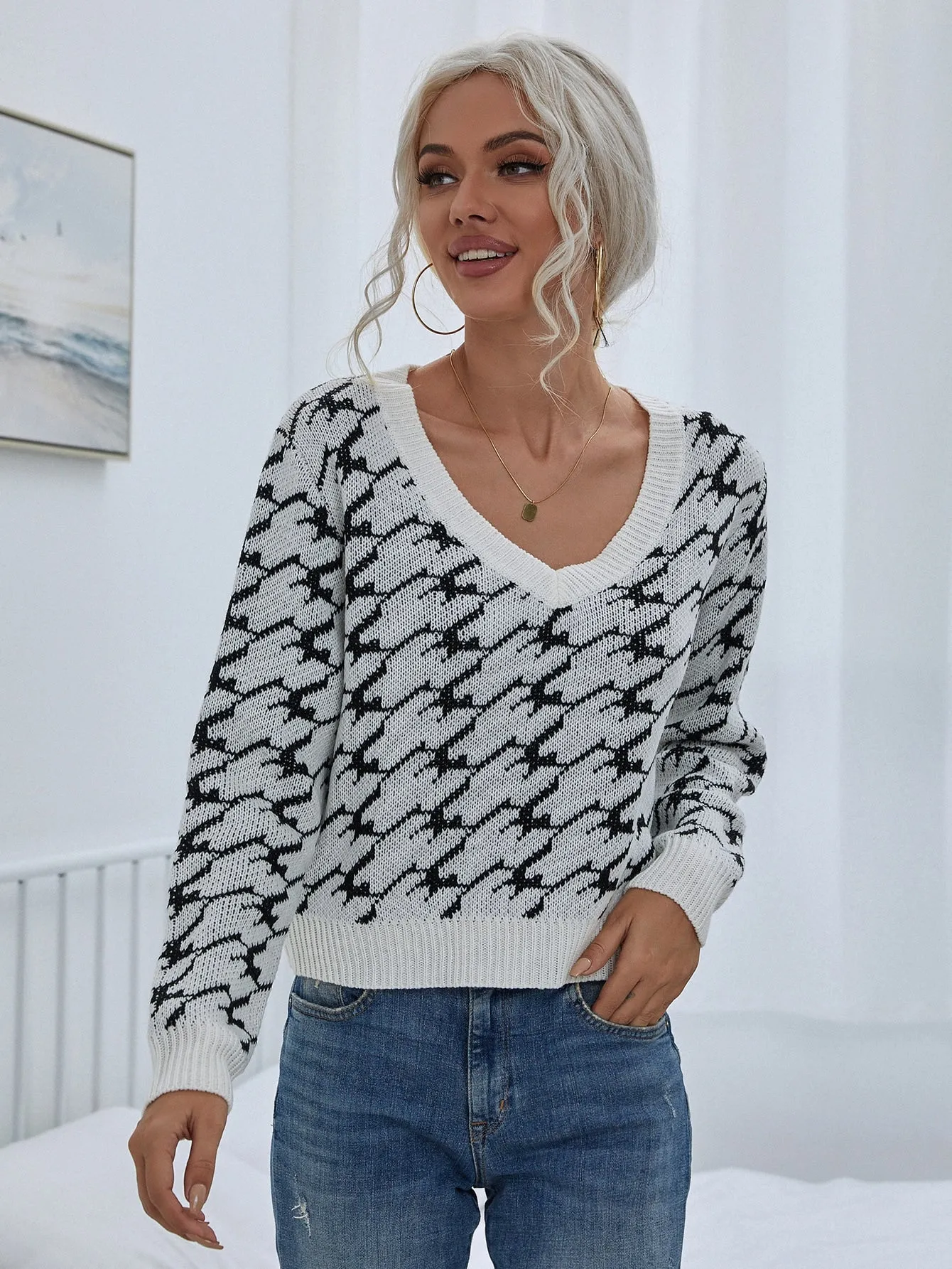 Casual Houndstooth Long Sleeve V Neck Crop Women Sweater