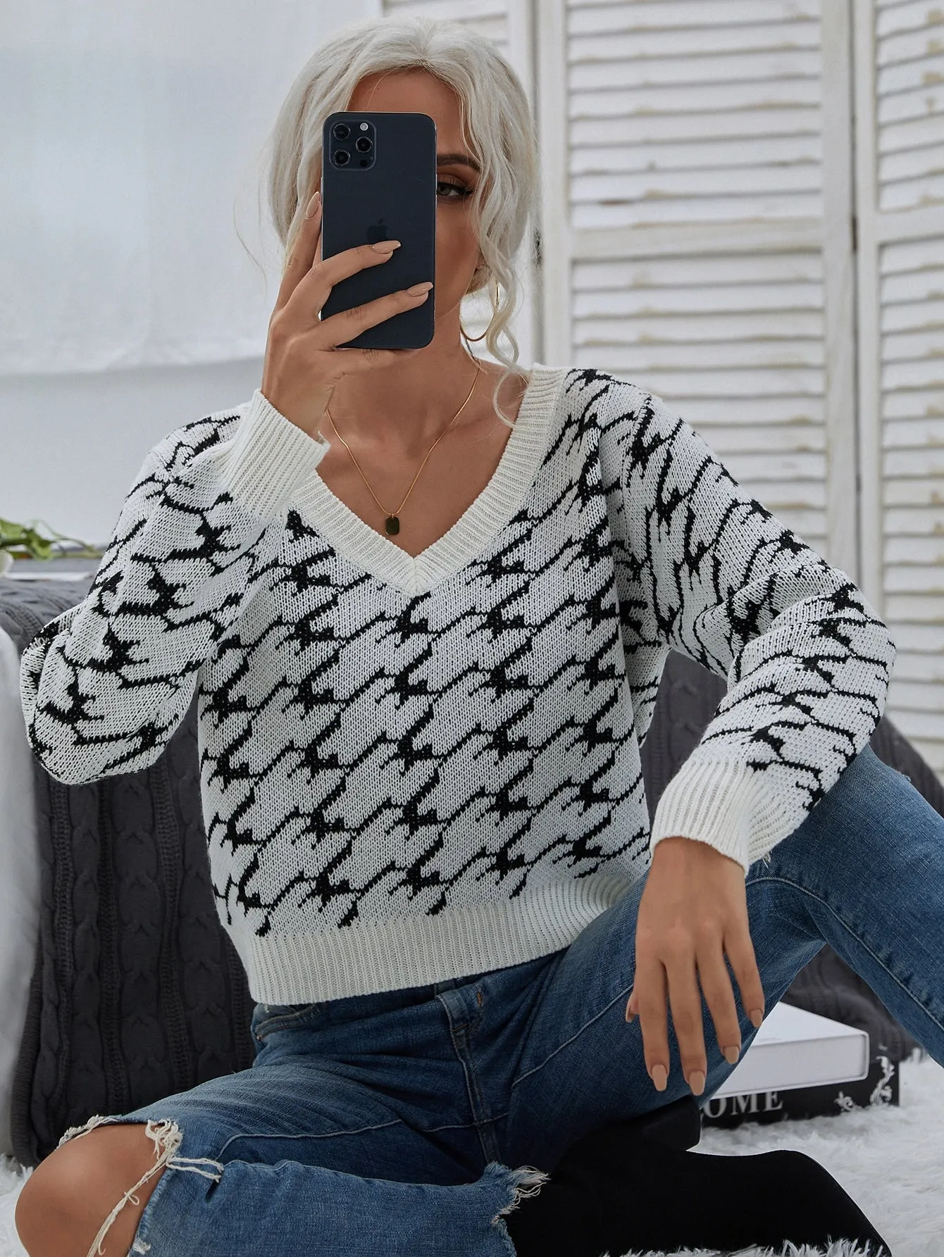 Casual Houndstooth Long Sleeve V Neck Crop Women Sweater