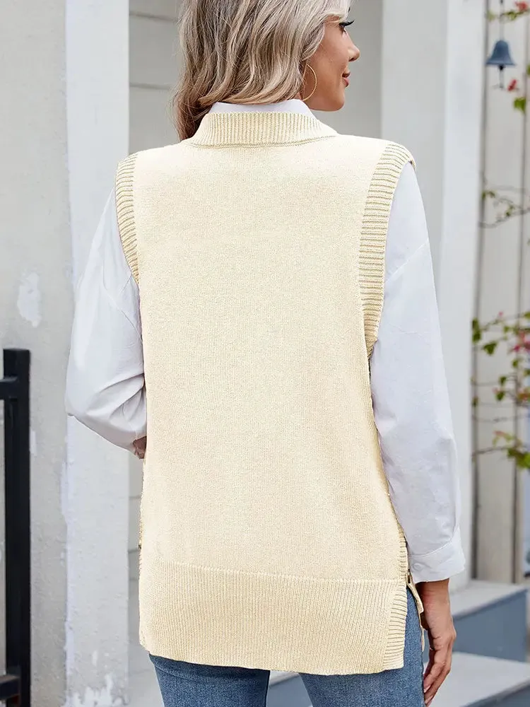 Casual Versatile Solid Button Slit Knit Sweater