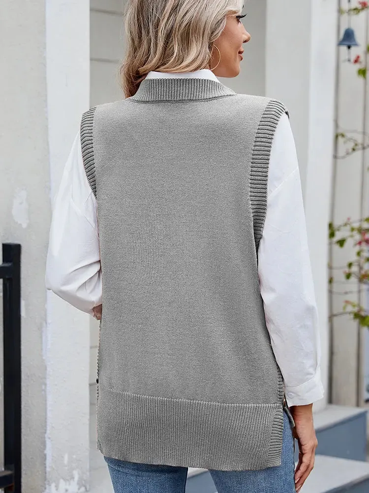 Casual Versatile Solid Button Slit Knit Sweater