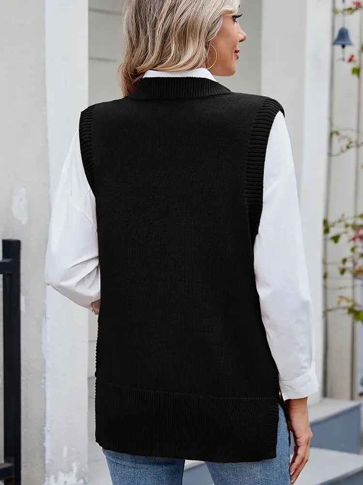 Casual Versatile Solid Button Slit Knit Sweater