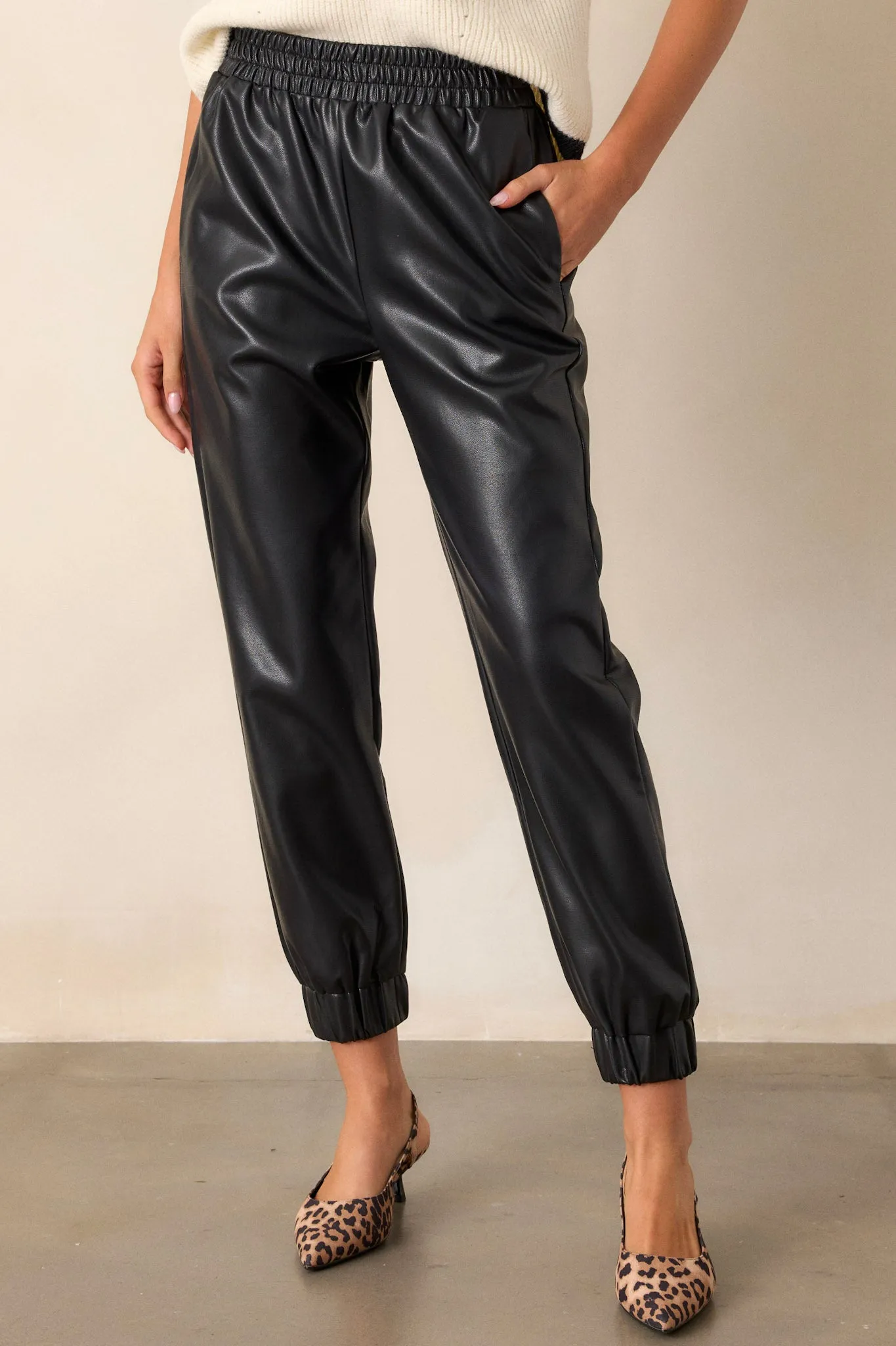 Check Yourself Black Faux Leather Jogger Pants