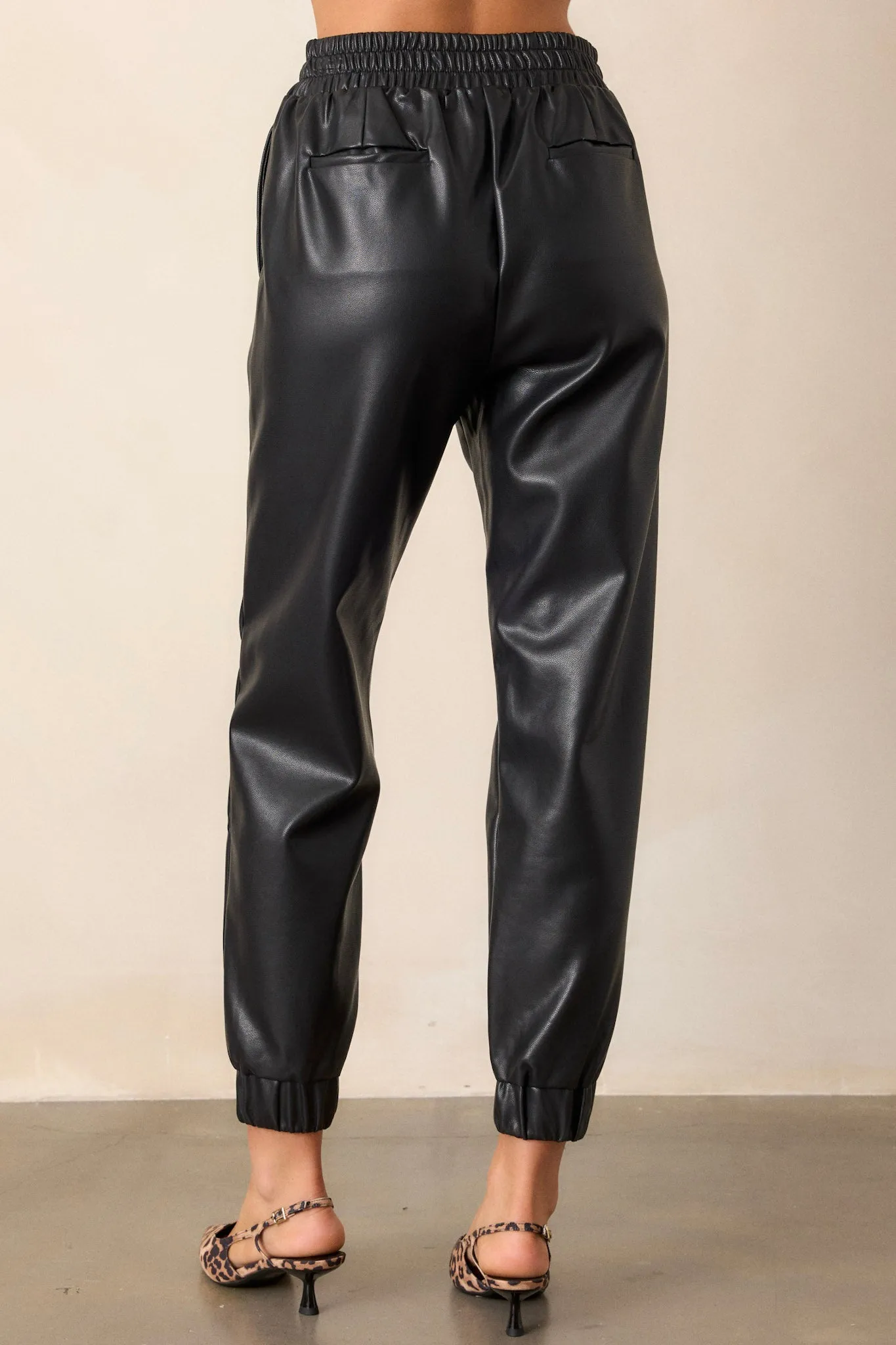 Check Yourself Black Faux Leather Jogger Pants